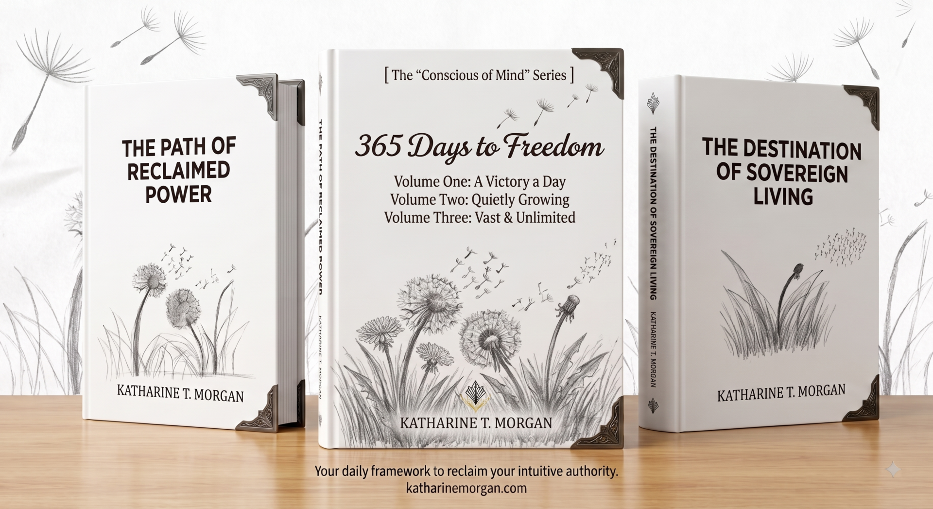 Three dandelion-themed self-help books on table