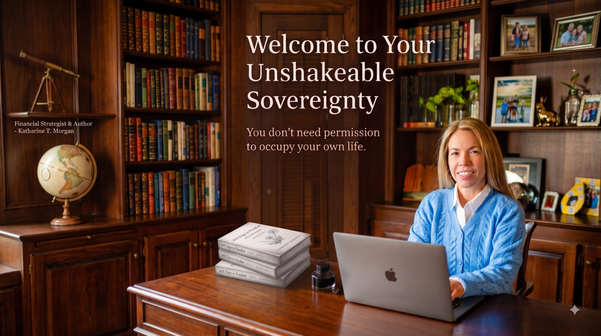 Smiling woman at desk with laptop, bookshelves